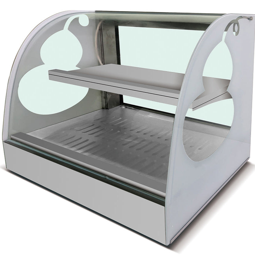 KRD Commercial Hot Food Warmer Display Cabinet Showcase 63cm with two shelves, stainless steel construction, ideal for hot food items.