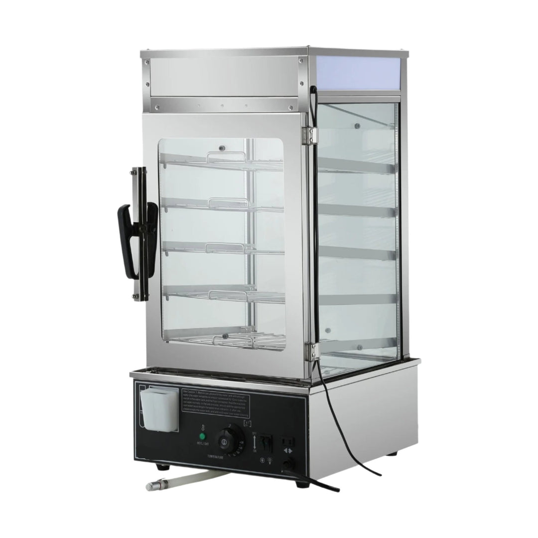 KRD Commercial Bun &amp; Dumpling Steamer Countertop 5 Tier HW500H with stainless steel construction, 5 shelves, and glass door.