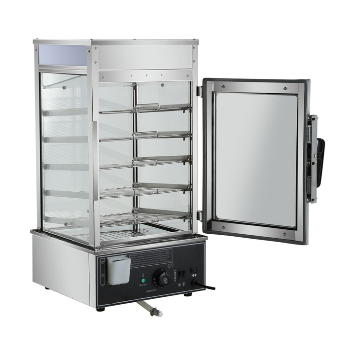 KRD Commercial Bun &amp; Dumpling Steamer Countertop 5 Tier HW500H with stainless steel body, 5 tiers, front glass door.