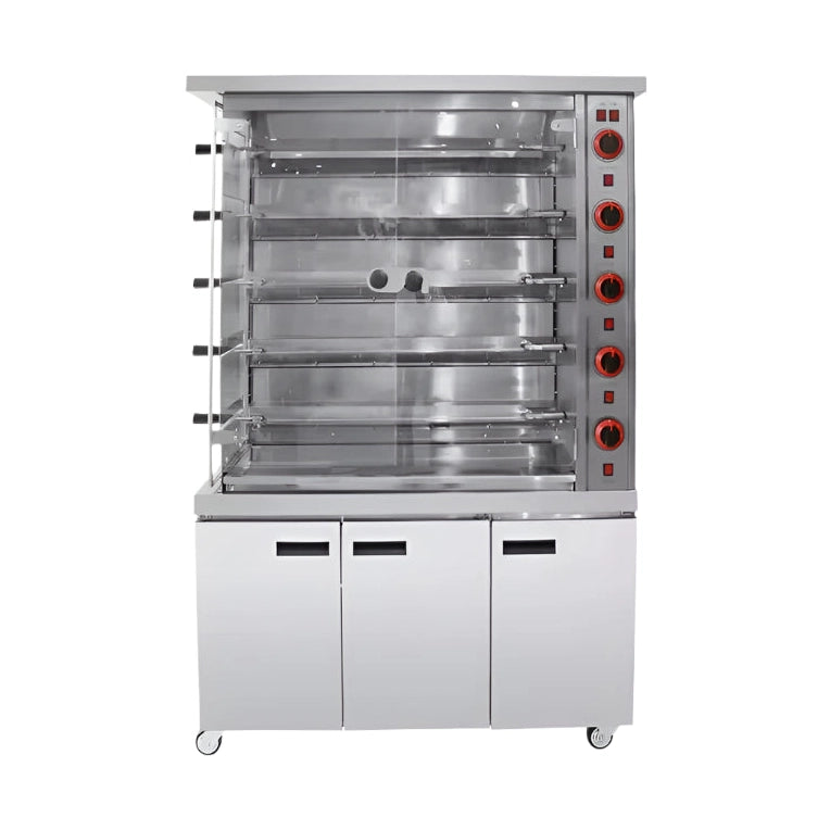 KRD Commercial Chicken Rotisserie Oven Gas with 5 spit 25 chickens & Three Doors CY5P, stainless steel design, ideal for commercial kitchens.