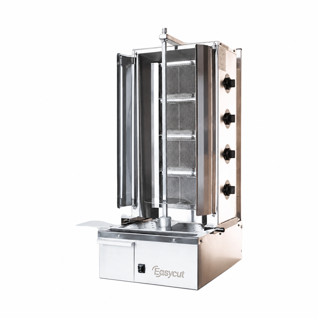 EasyCut 4 Burner Gas Kebab Machine 80kg Capacity I4G, stainless steel with 4 burners and integrated grease collection drawer.