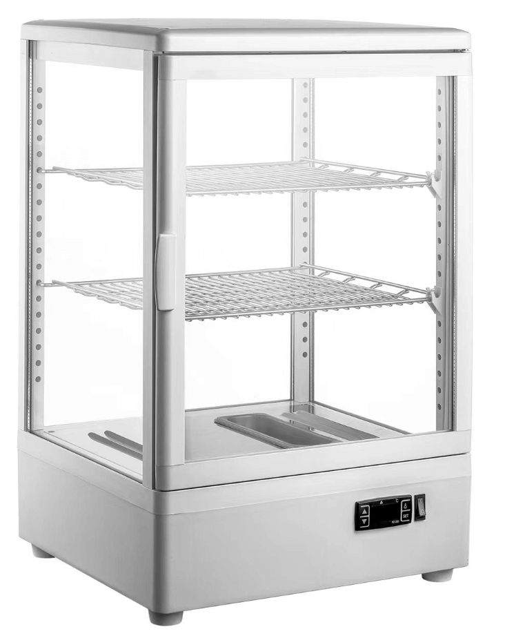 KRD Countertop Four Sides Glass White Heated Display Cabinet Warmer 58 Litre two shelves with glass side panels and accessible design.