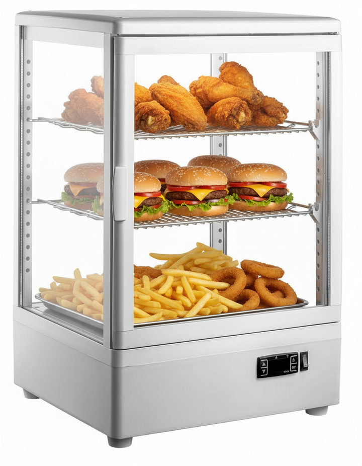 KRD Countertop Four Sides Glass White Heated Display Cabinet Warmer 58 Litre two shelves