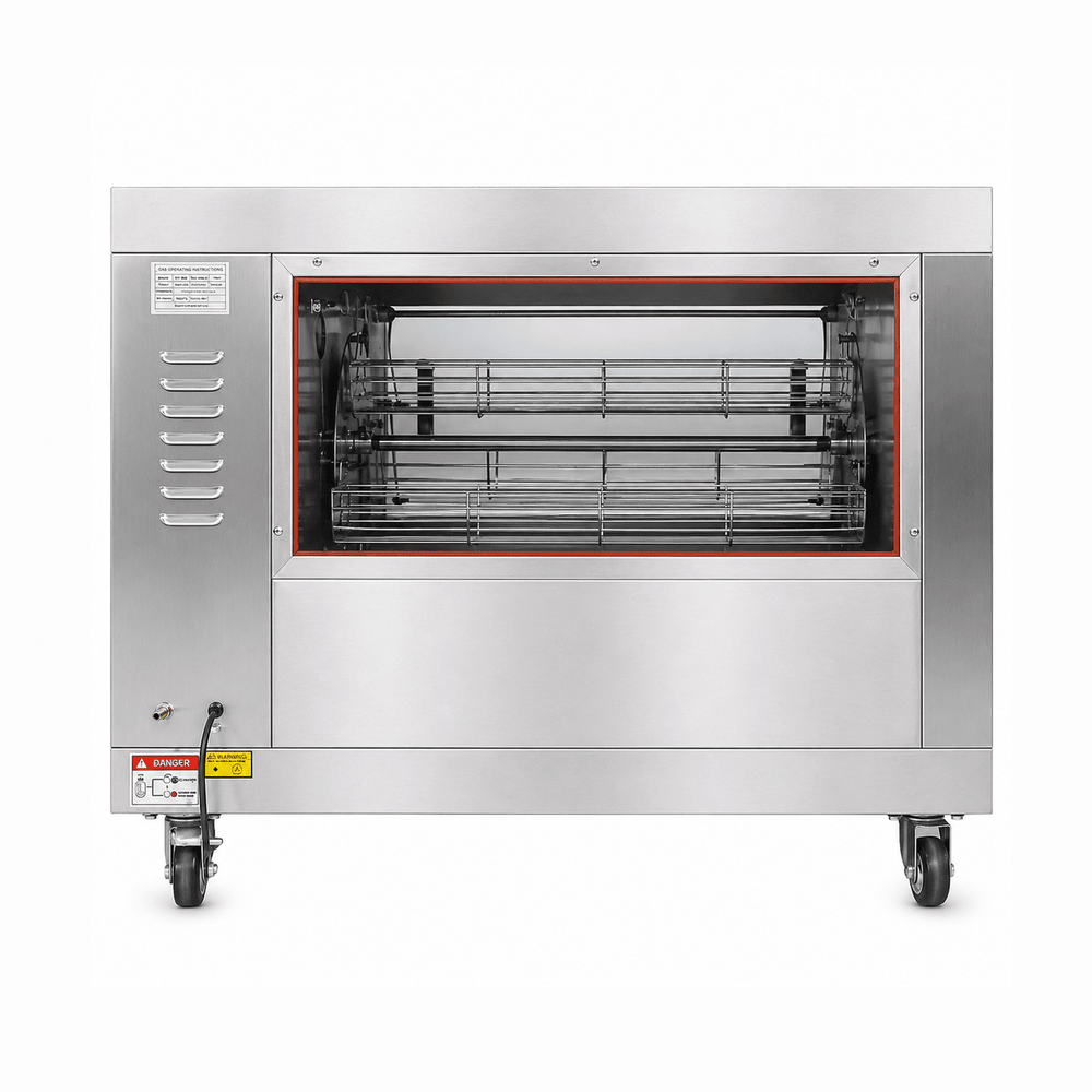 KRD Commercial Digital Gas Chicken Rotisserie Oven 4 baskets 12-16 chickens Countertop CY368 made of stainless steel with interior lighting.
