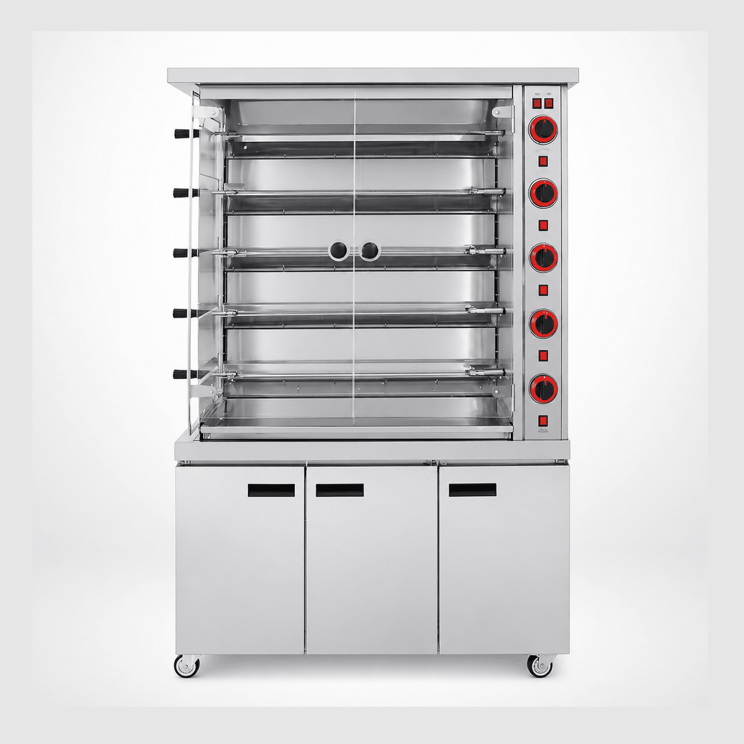 KRD Commercial Chicken Rotisserie Oven Gas with 5 spit 25 chickens & Three Doors CY5P, stainless steel commercial kitchen equipment.