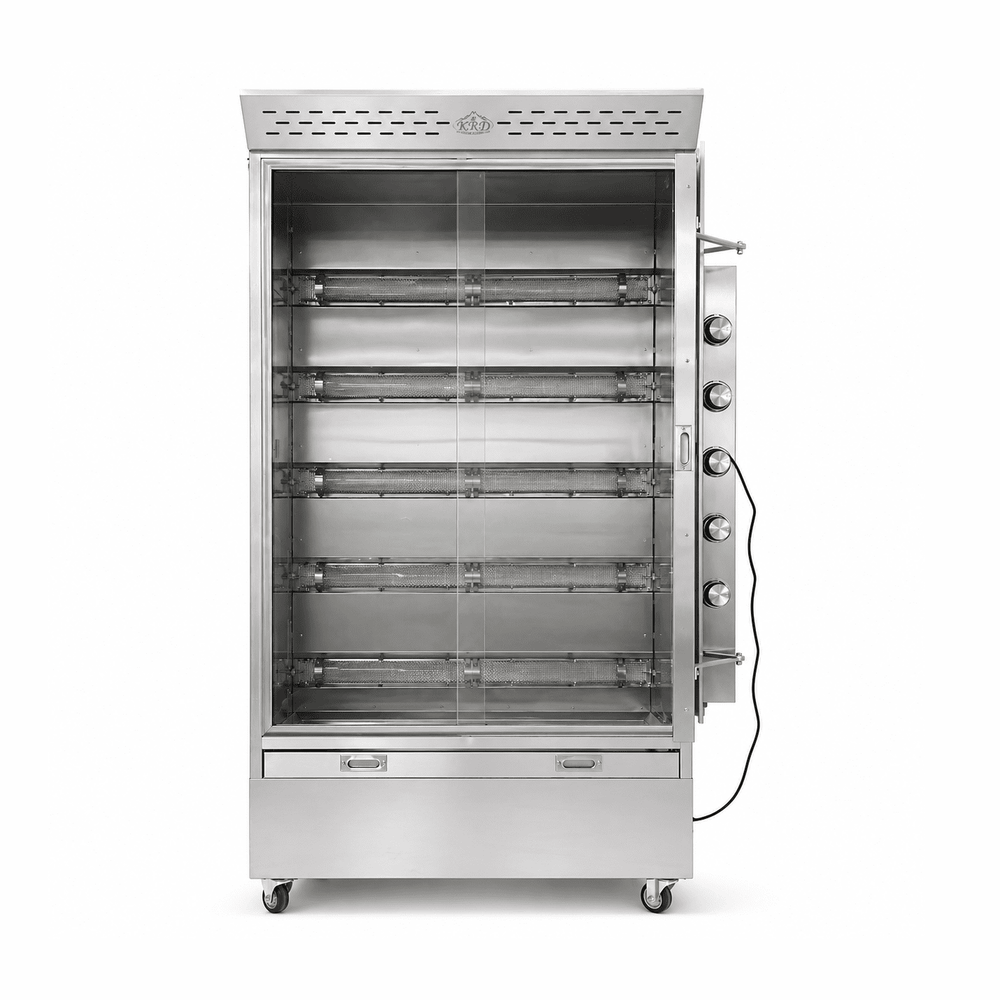 Stainless steel commercial oven with glass door on a white background