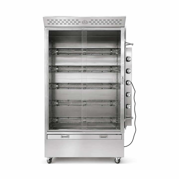 Stainless steel commercial oven with glass door on a white background