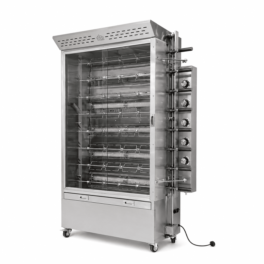 KRD Commercial Gas Chicken Rotisserie Oven 8 spit 34-40 chickens CY8B made of stainless steel for catering and restaurant use.