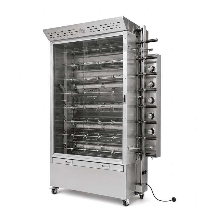 KRD Commercial Gas Chicken Rotisserie Oven 8 spit 34-40 chickens CY8B made of stainless steel for catering and restaurant use.