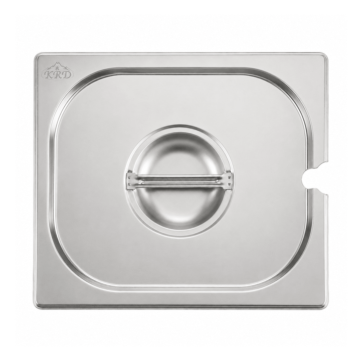 A square stainless steel food pan lid with a central circular handle, shown on a plain white background. The KRD brand logo is visible in the top-left corner.
