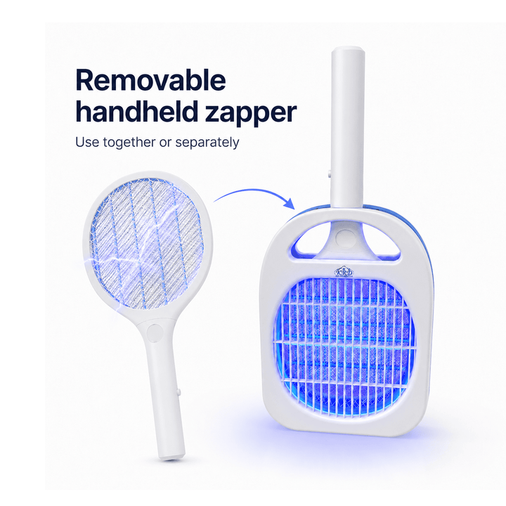 Removable handheld zapper with blue light on a white background