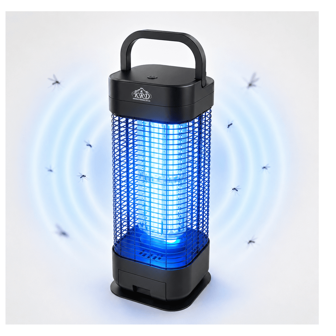 KRD mosquito zapper with blue light on a white background