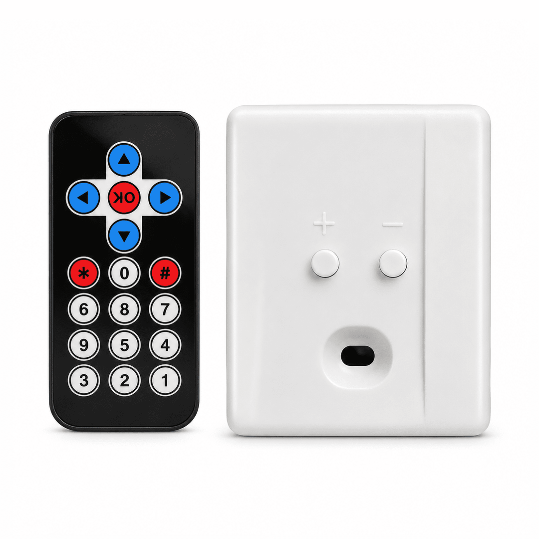Black remote control with blue, red, and white buttons next to a white wall switch with two knobs.