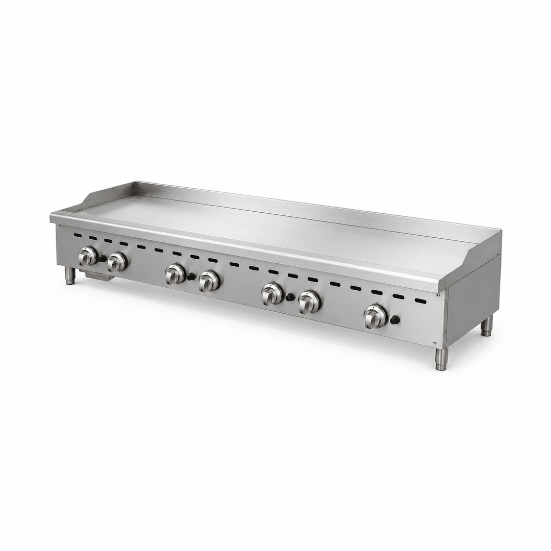 Stainless steel griddle with six control knobs on a white background