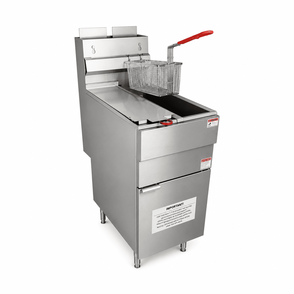 Stainless steel deep fryer with a red handle on a white background