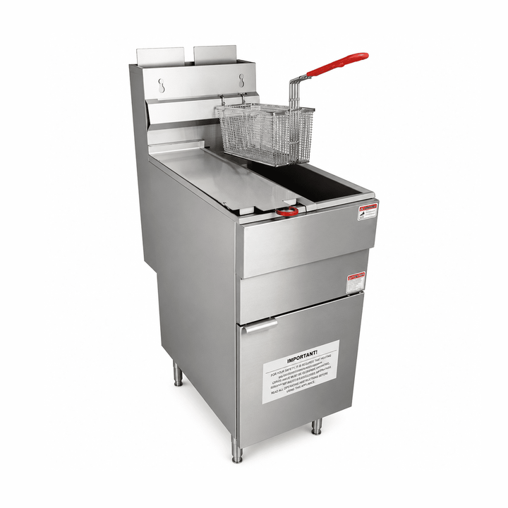 Stainless steel deep fryer with a red handle on a white background