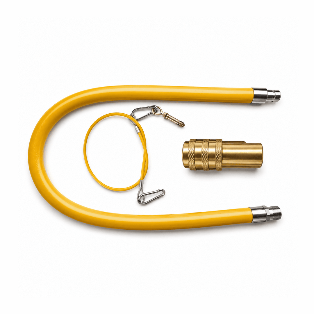 Yellow hose with brass fitting on a white background