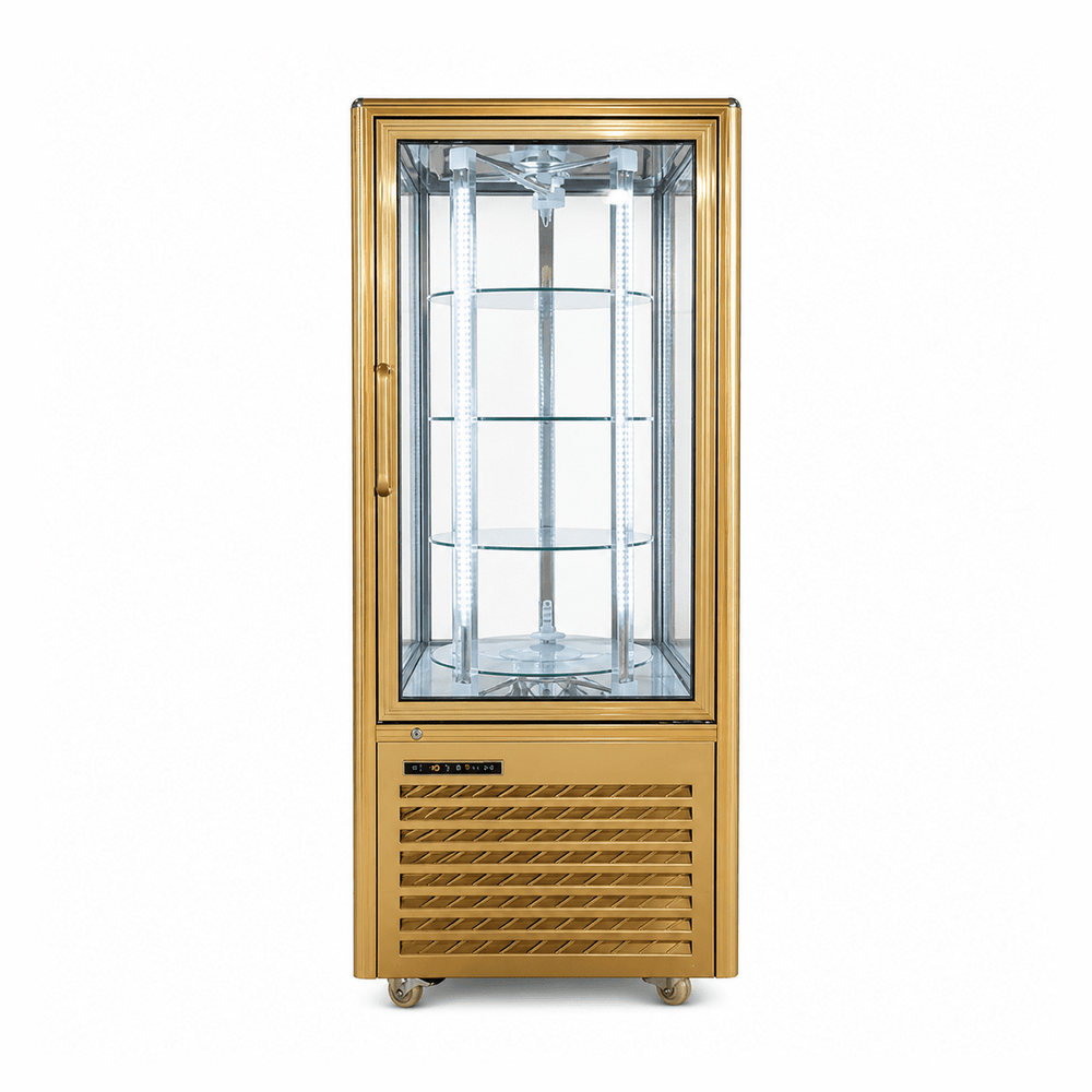 Gold display cabinet with glass front on a white background