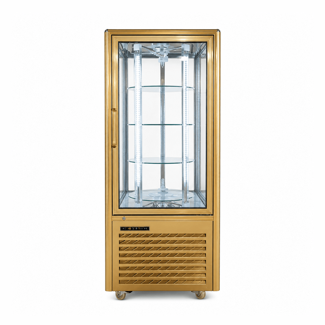 Gold display cabinet with glass front on a white background