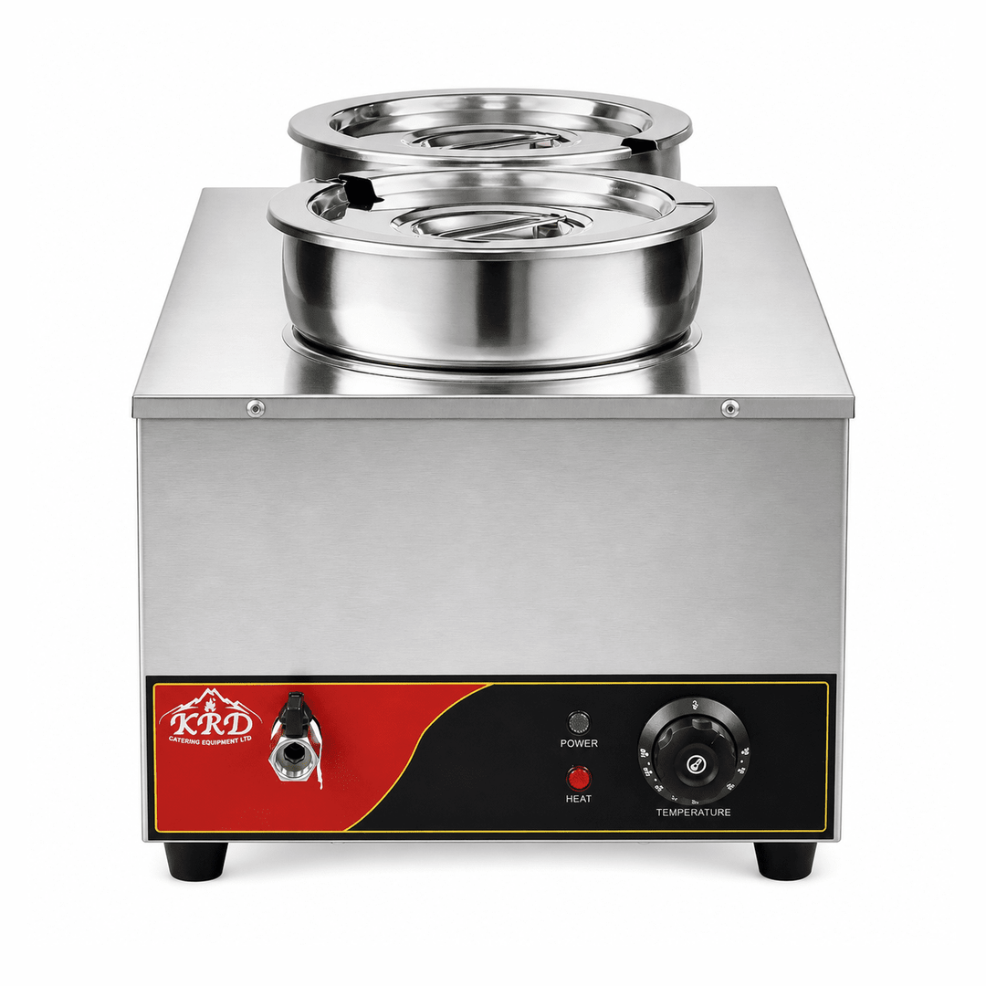 KRD Commercial Bain Marie with Drain Tap Round Wet 2 Pots 2x 7 litres, stainless steel, 1200W, ideal for keeping food warm.