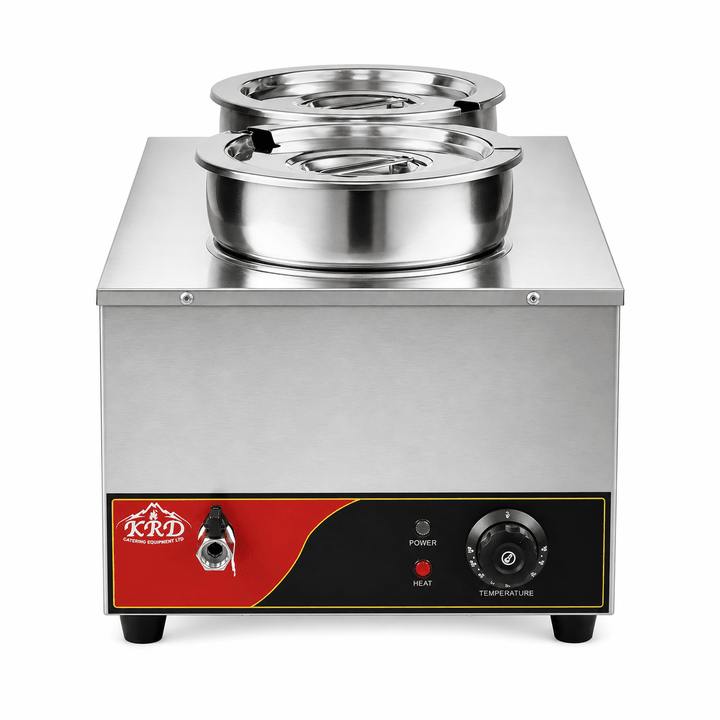 KRD Commercial Bain Marie with Drain Tap Round Wet 2 Pots 2x 7 litres, stainless steel, 1200W, ideal for keeping food warm.