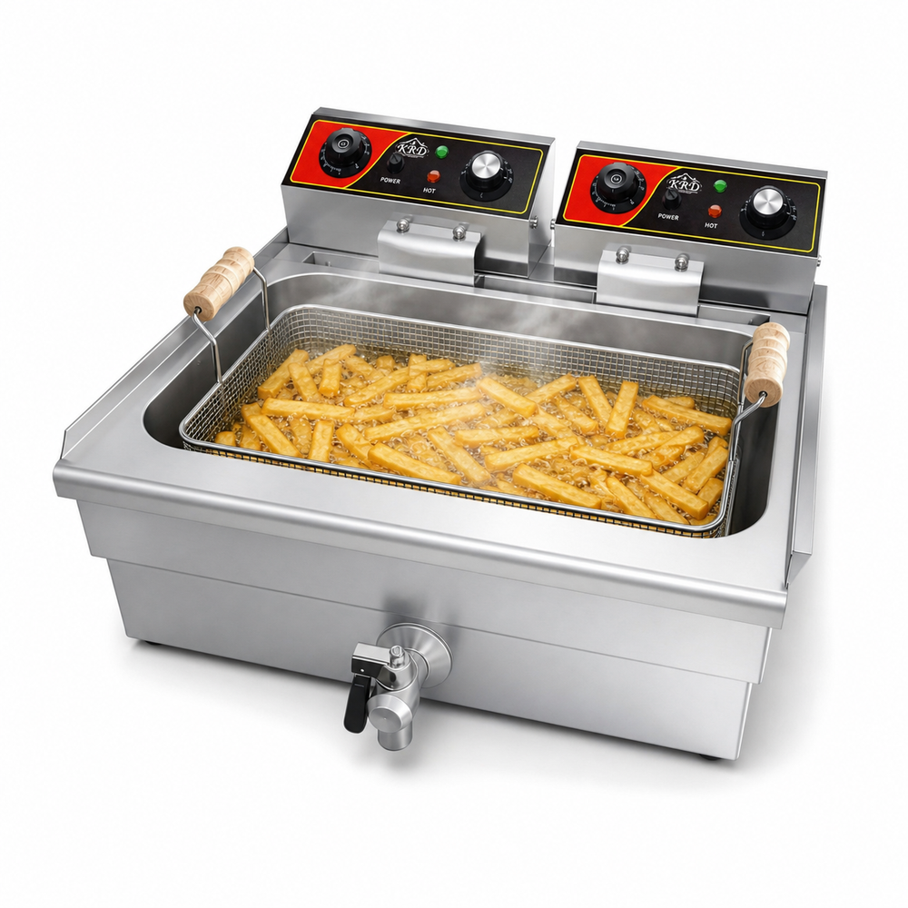 KRD Commercial Fryer Single Tank Dual Zone Electric 14 litre 5kW Countertop Drain tap