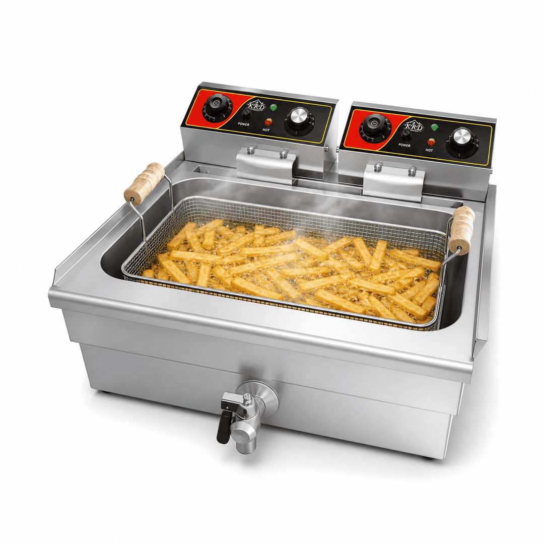 KRD Commercial Fryer Single Tank Dual Zone Electric 14 litre 5kW Countertop Drain tap