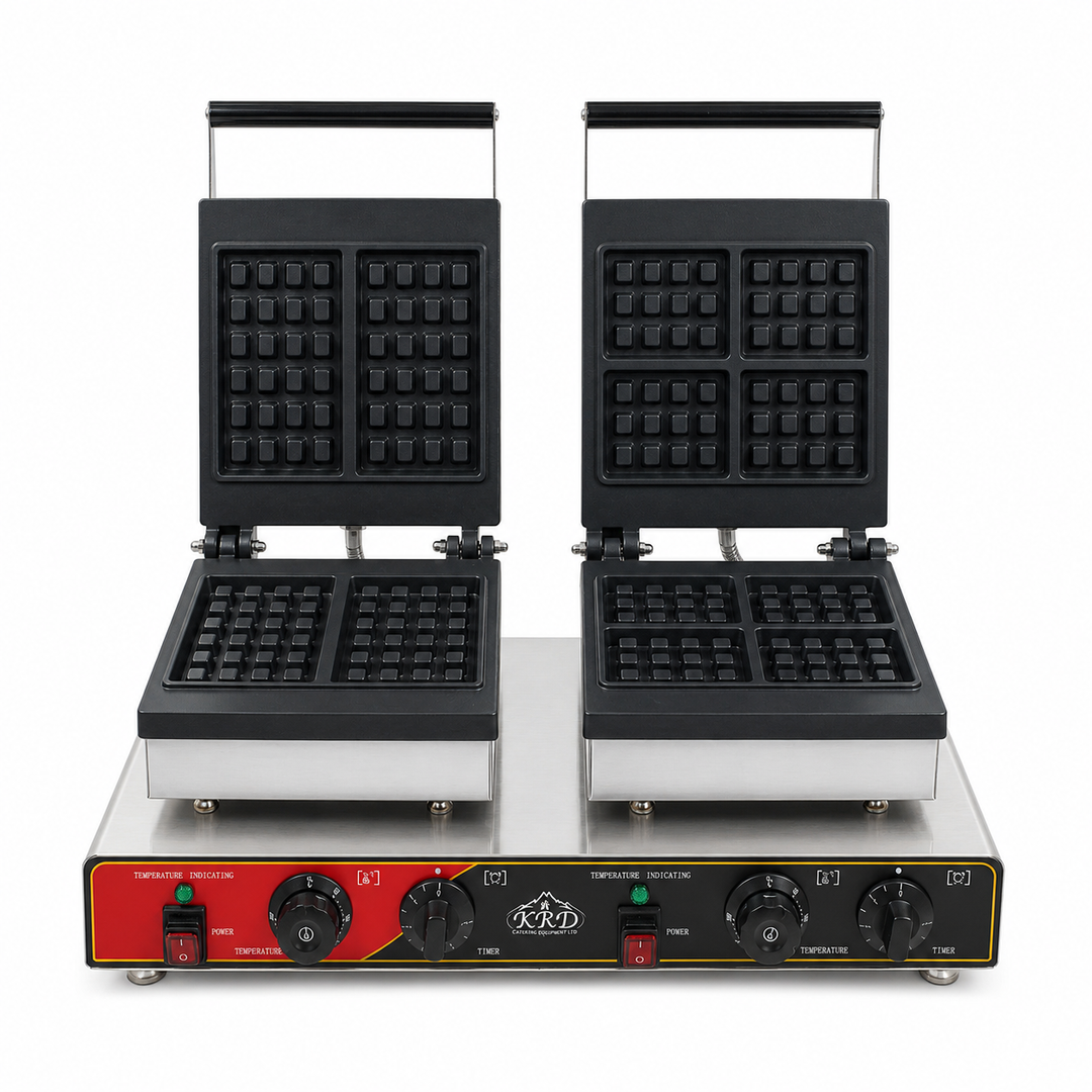 KRD Heavy Duty Commercial Square 2-Plate Waffle Maker 1750W+1750W KRW-6 with stainless steel base and black waffle plates.