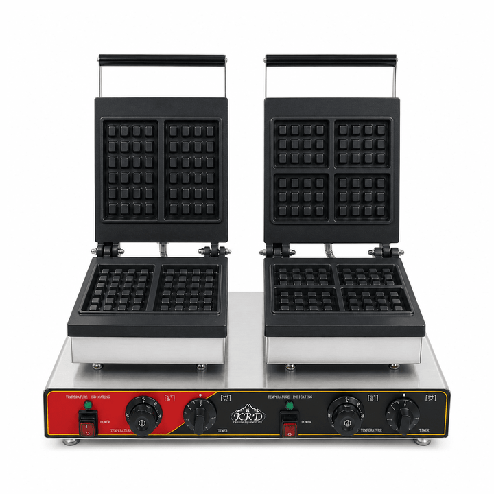KRD Heavy Duty Commercial Square 2-Plate Waffle Maker 1750W+1750W KRW-6 with stainless steel base and black waffle plates.