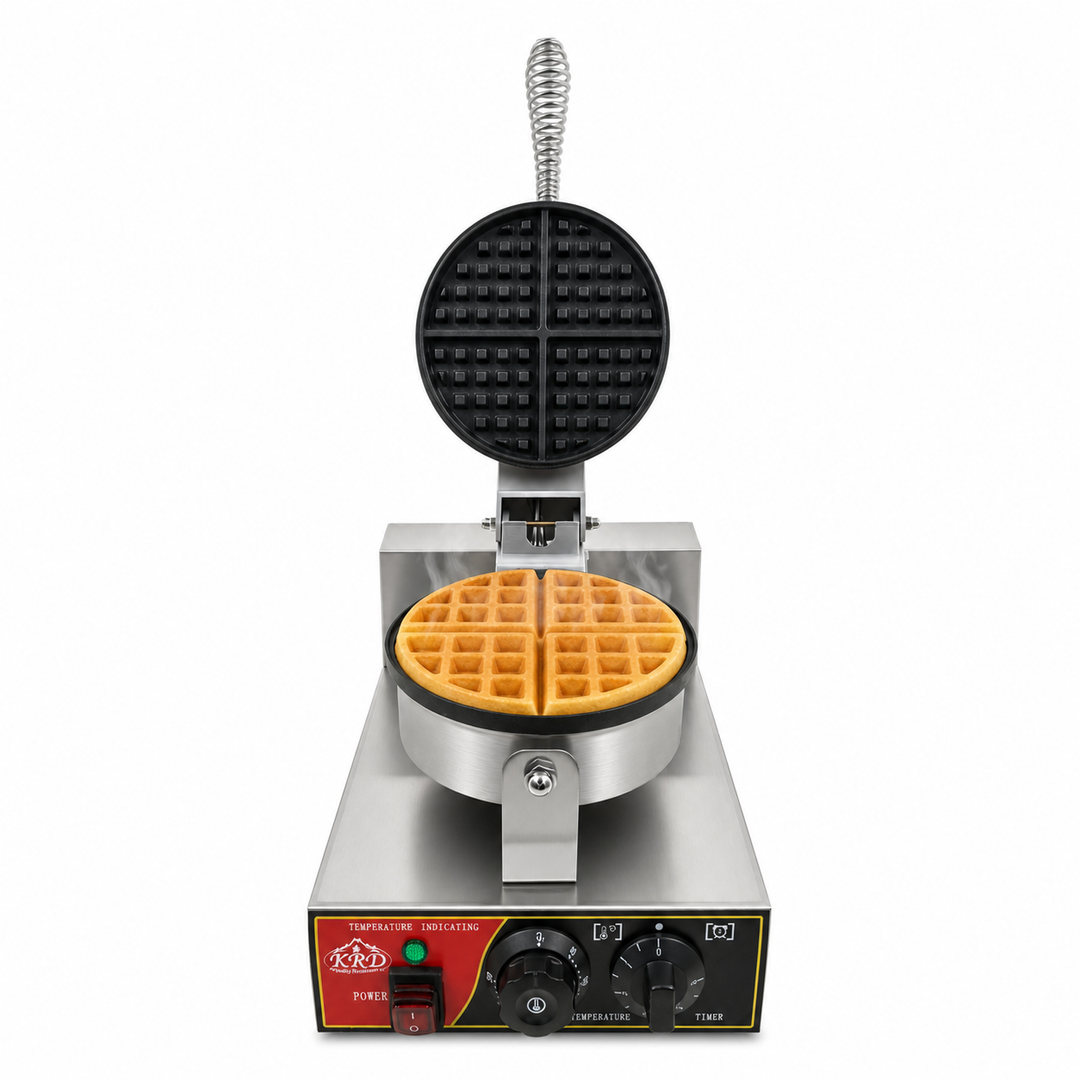 Waffle maker with a waffle inside on a white background