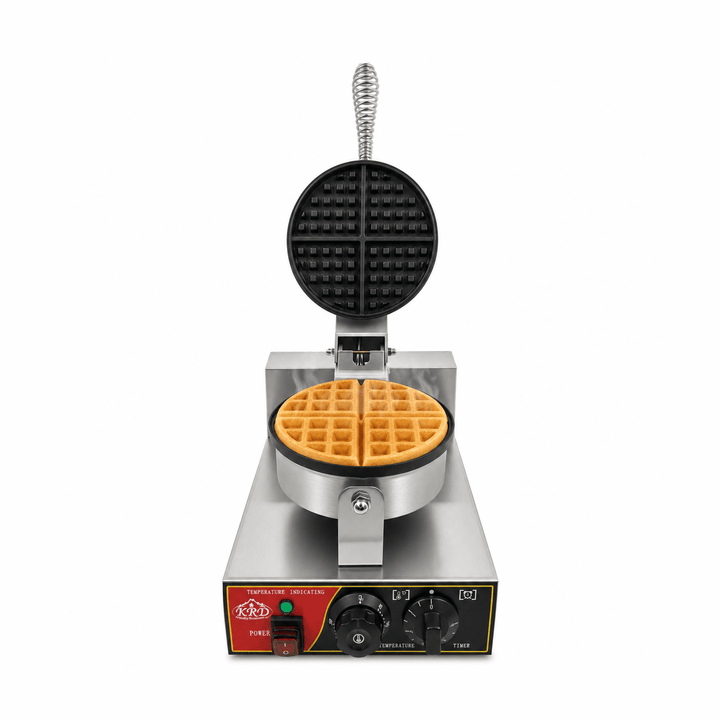 Waffle maker with a waffle inside on a white background