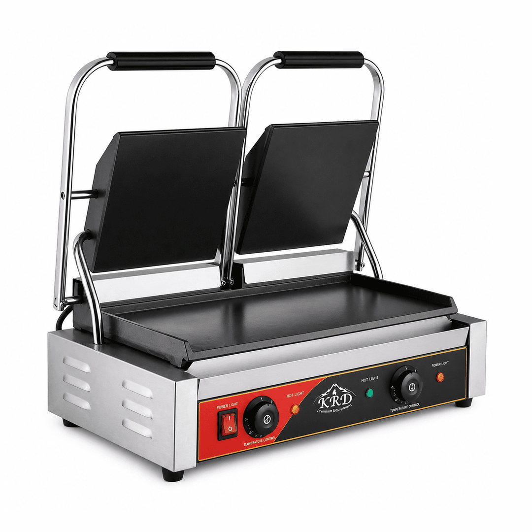 KRD Heavy Duty Twin Panini Contact grill All Flat Smooth 3.6kW Dual Zone OP813B with stainless steel body and ceramic coated plates.