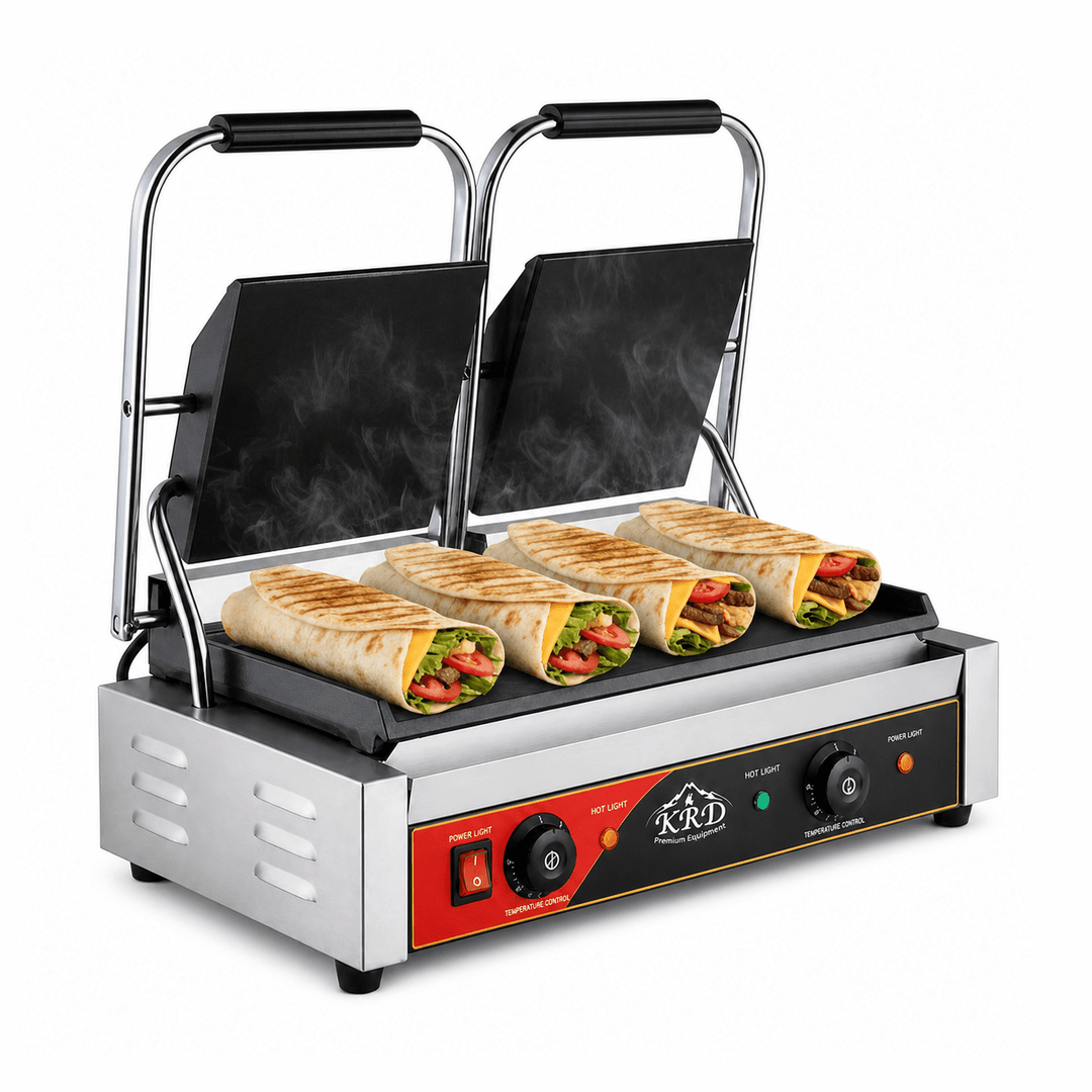 KRD Heavy Duty Twin Panini Contact grill All Flat Smooth 3.6kW Dual Zone KEG-813B