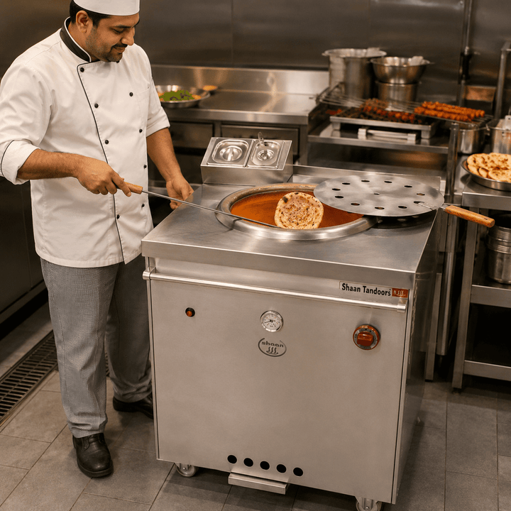 Chef preparing food on a Shaan Tandoor oven in a kitchen setting