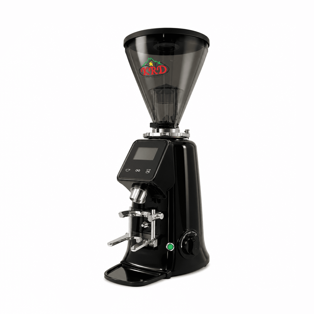 Black coffee grinder with digital display on a white background