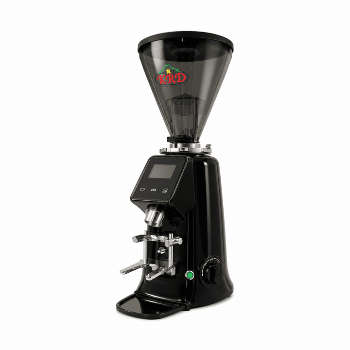 Black coffee grinder with digital display on a white background