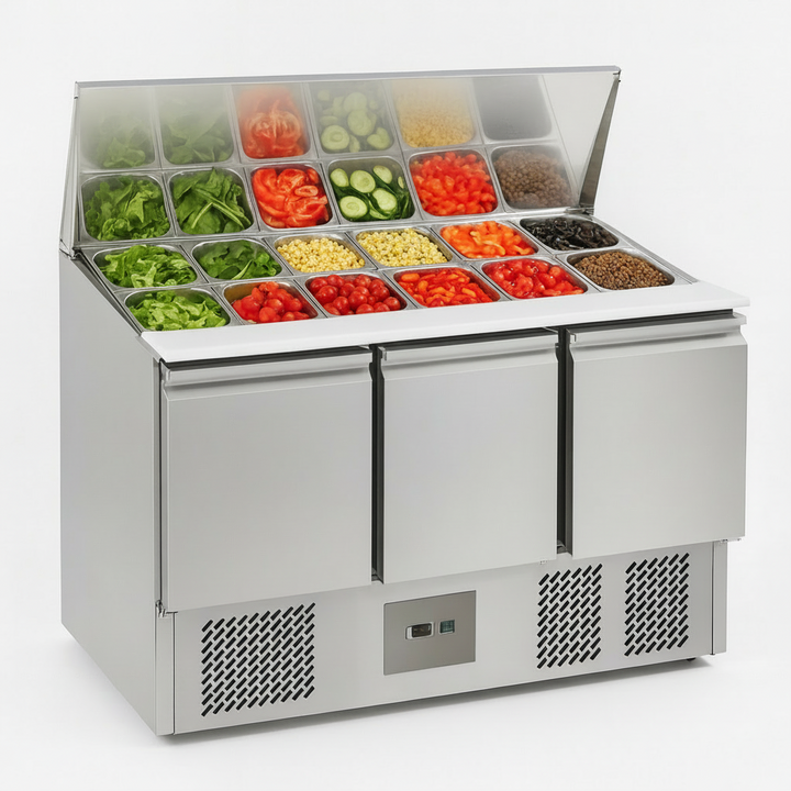 Commercial 3 Door Prep Counter Fridge Saladette Table 4xGN1/1 Pans designed for efficient food prep in a stainless steel finish.
