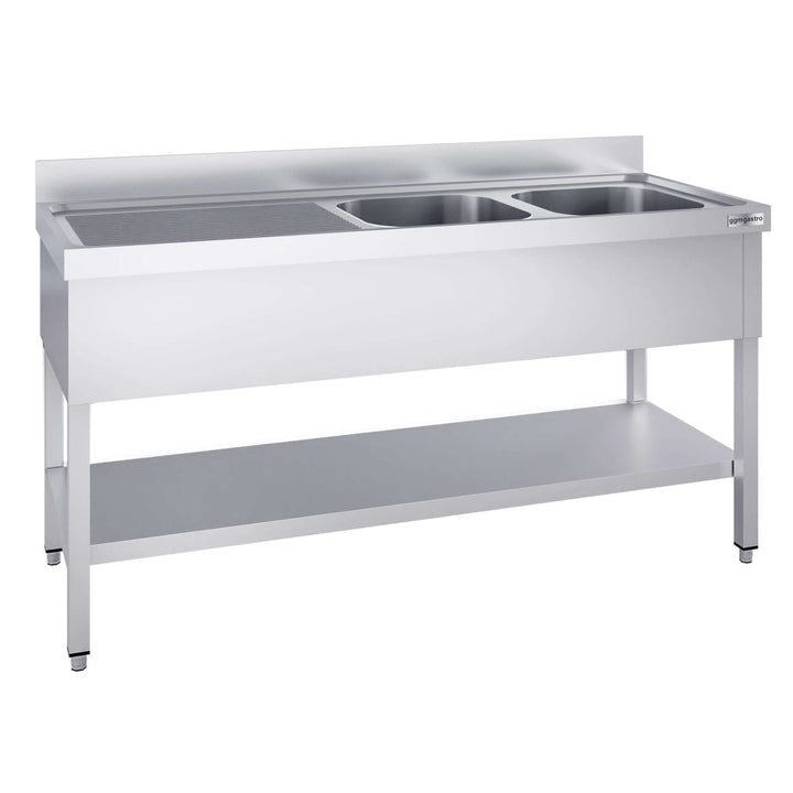 KRD Commercial Sink Stainless steel 2 Bowl Right side Drain board 140cm
