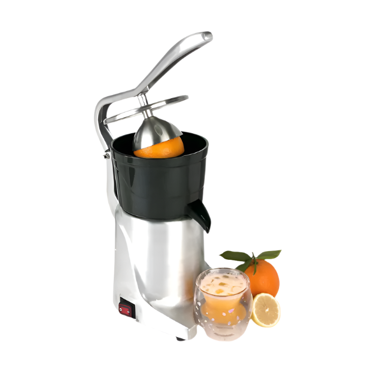 Manual citrus juicer with an orange being juiced, next to a glass of juice and additional oranges on a white background.