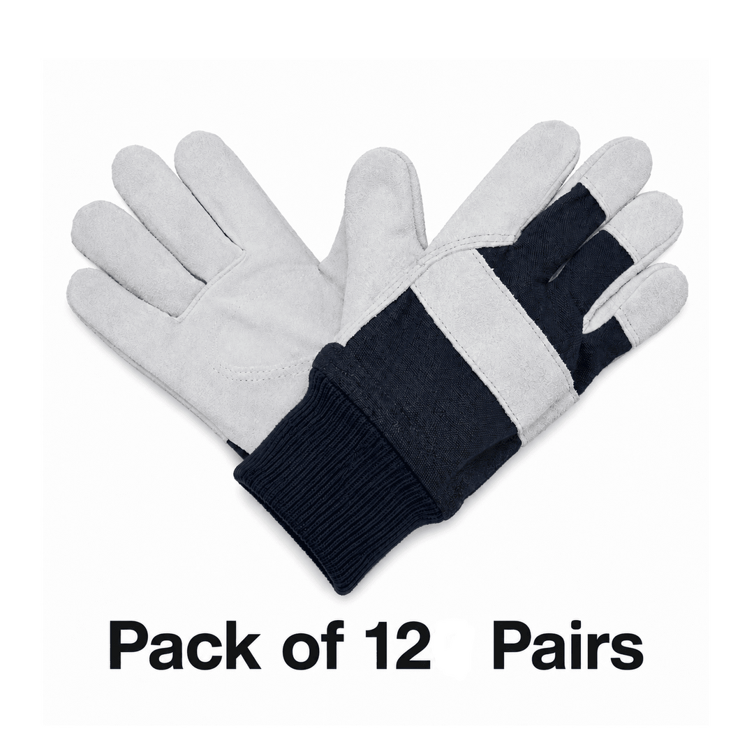 Pair of gray gloves with black cuffs on a white background, labeled &