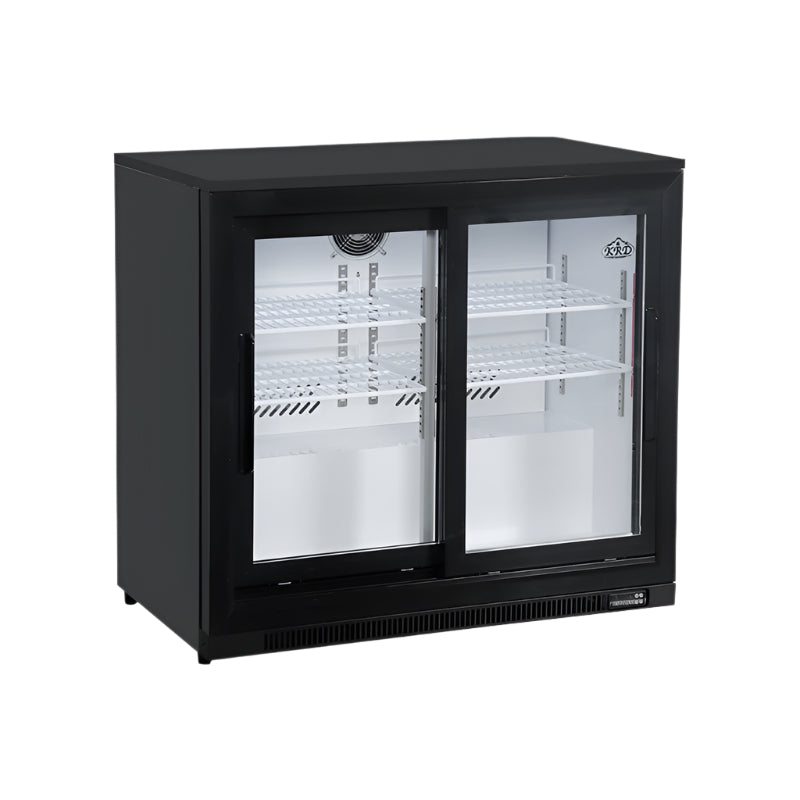 KRD Back Bar Cooler 2 Sliding Doors Drinks Cooler 90cm Width, commercial fridge with glass doors for beverage storage.