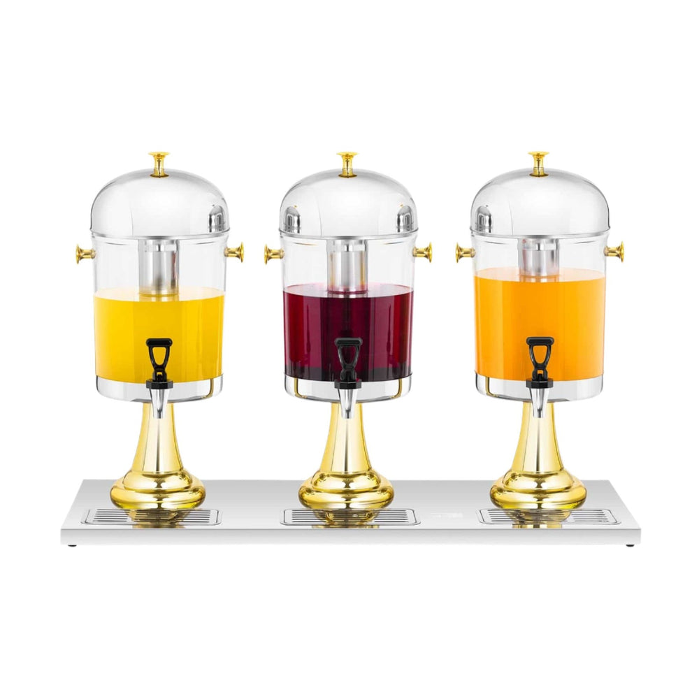 KRD Commercial Triple Juice Dispenser 3x8L DTJ006B with three beverage containers, stainless steel pedestal, ideal for catering.