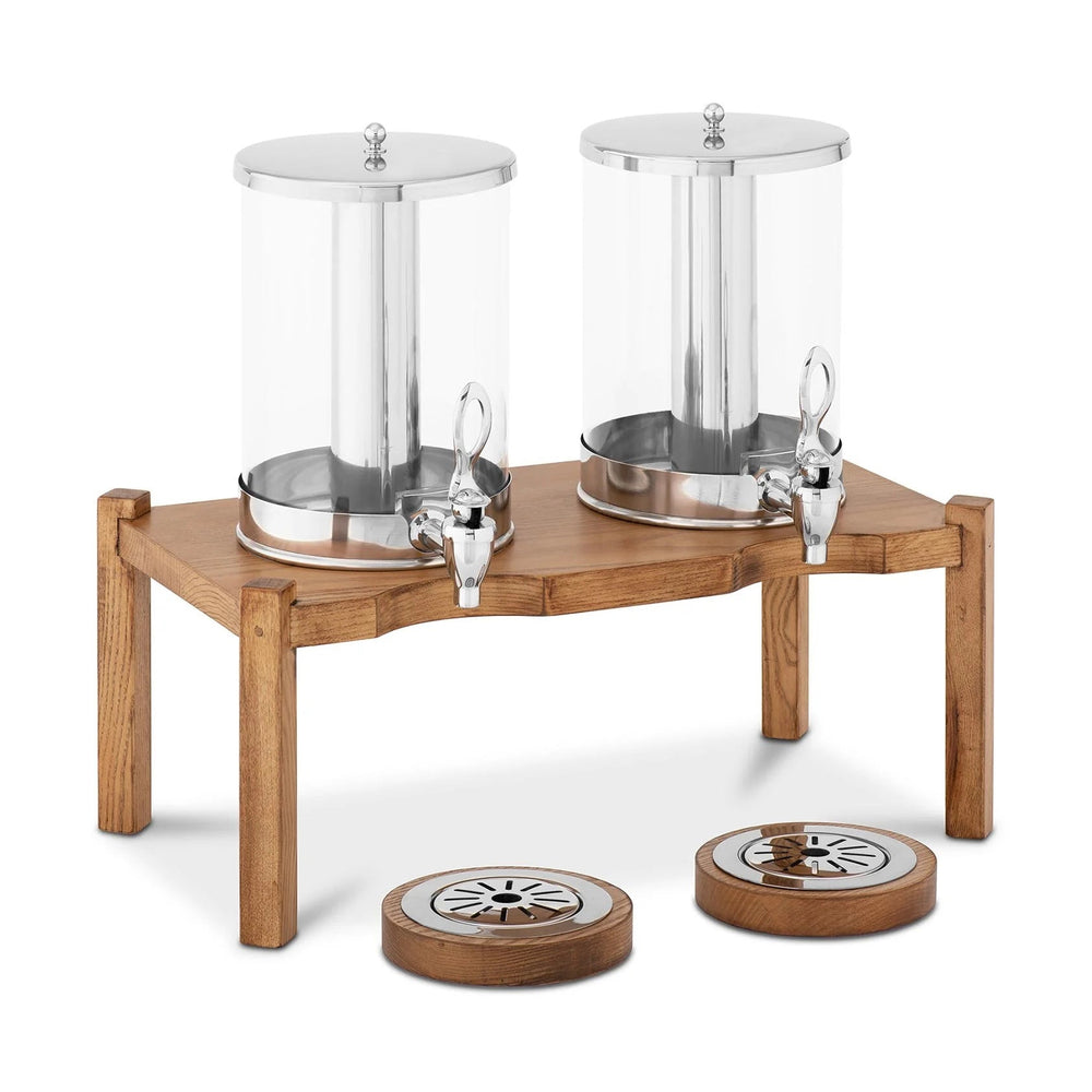 KRD Commercial Double Juice Dispenser 2x7 litres Walnut Wood DTJ012 with stainless steel spouts on a pedestal stand.