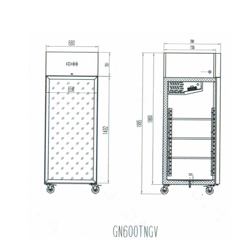 KRD 600lt commercial refrigerator dimensions drawing, stainless steel upright cabinet, single glass door, GN2/1
