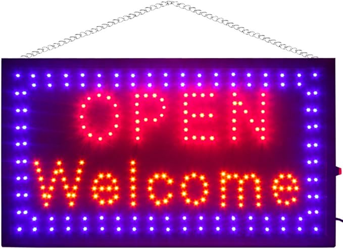 KRD LED OPEN WELCOME sign, multicolour neon light, size 48x25x2cm, wall display for shop windows.