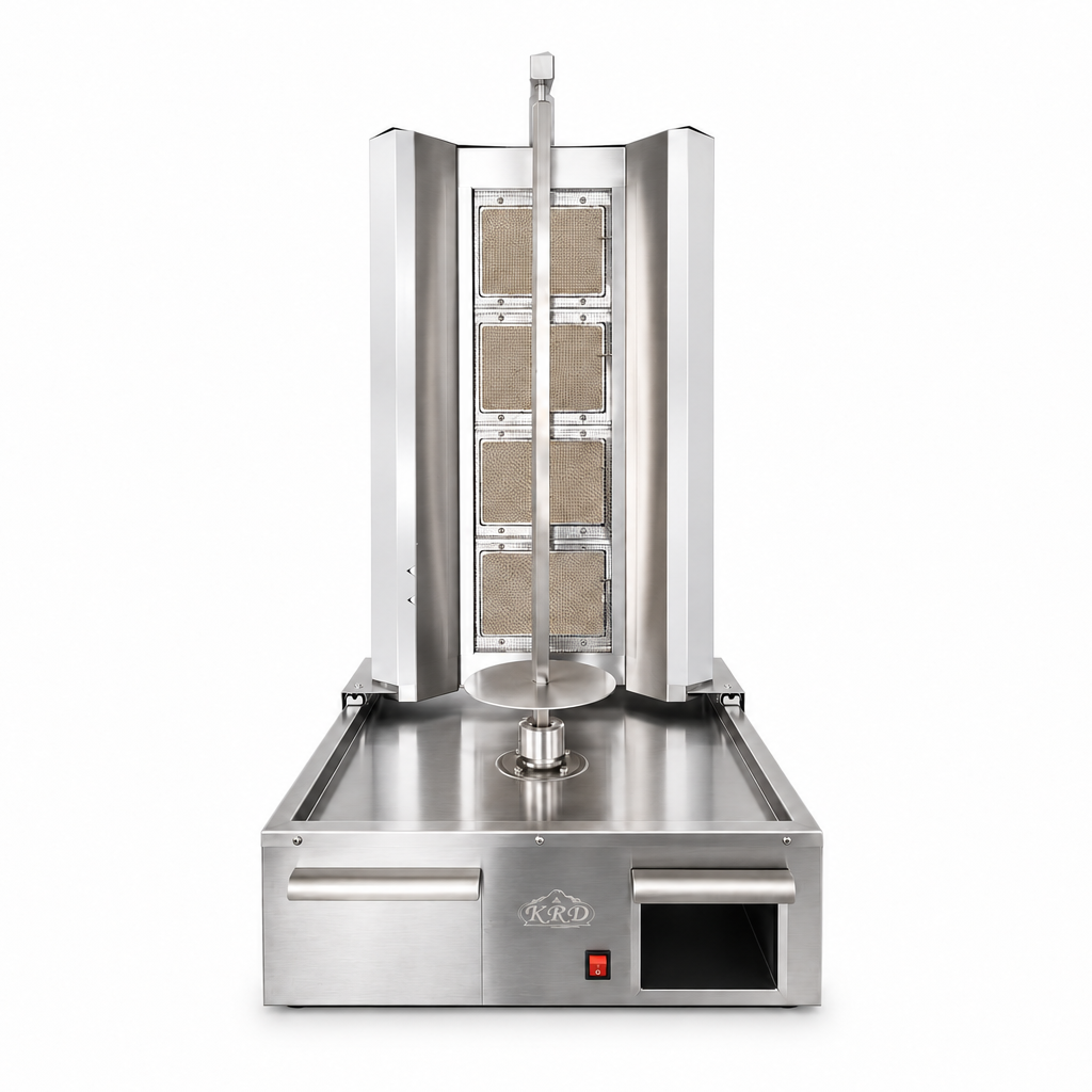 KRD KG-MR950Q 4 burner natural gas doner kebab and shawarma machine with knife drawer - cleaned studio image