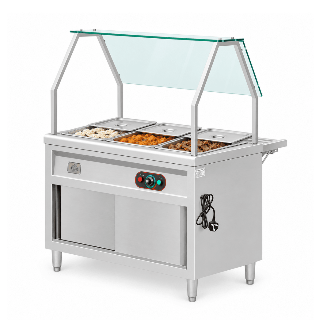 KRD KR-B02-3 bain marie with prepared hot foods and partly open lids on a white background