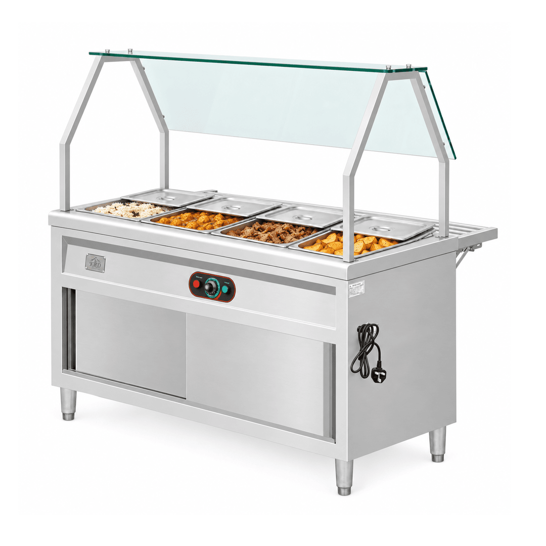 KRD KR-B02-4 bain marie with prepared hot foods and partly open lids on a white background
