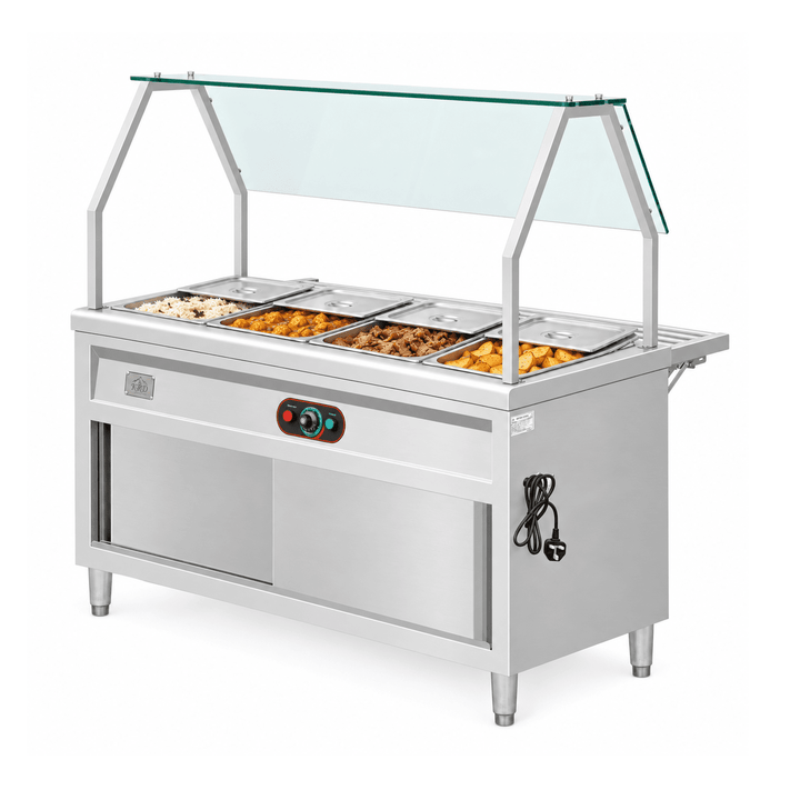 KRD KR-B02-4 bain marie with prepared hot foods and partly open lids on a white background