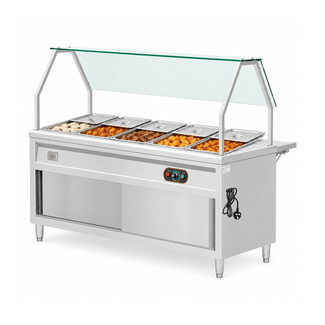 KRD KR-B02-5 bain marie with prepared hot foods and partly open lids on a white background